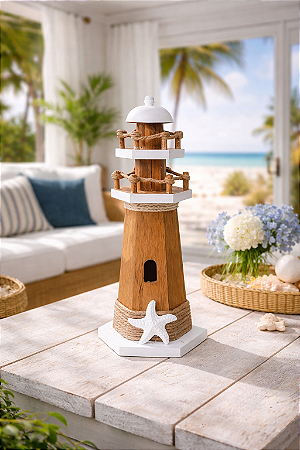 Farol Decorativo Branco em Madeira Estrela Enfeite Náutico Praia