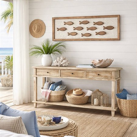 Quadro náutico com linho cardume 100x35cm