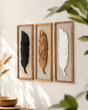Kit 3 Quadros com Linho Folhas 100x35cm Decoração de Parede