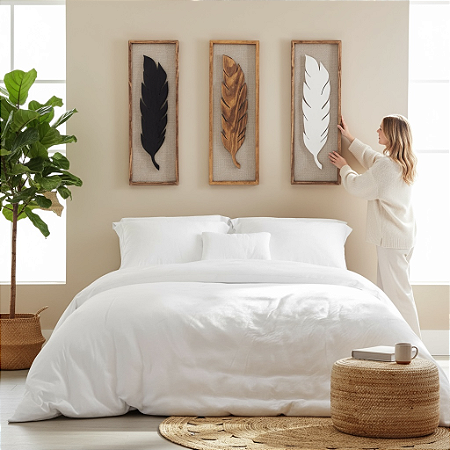 Kit 3 Quadros com Linho Folhas 100x35cm Decoração de Parede