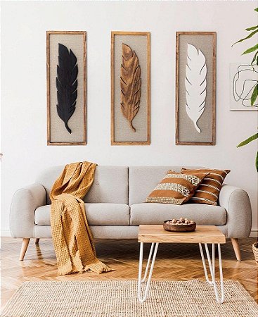 Kit 3 Quadros com Linho Folhas 100x35cm Decoração de Parede
