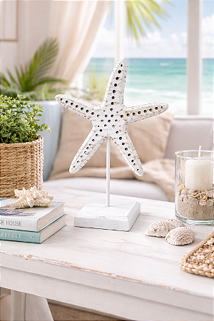 Enfeite Pedestal Estrela do Mar Rústica Branca em Madeira 27x18x9