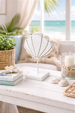 Enfeite Pedestal Concha Rústica Branca em Madeira 24x17x9