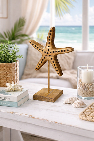 Enfeite Pedestal Estrela do Mar Rústica Marrom em Madeira 27x18x9