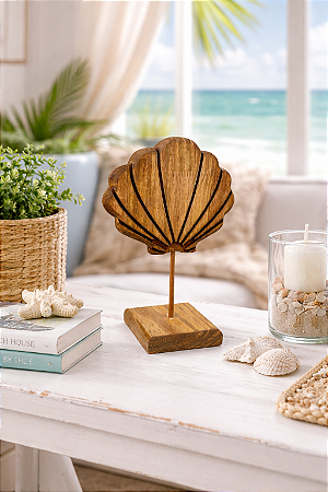 Enfeite Pedestal Concha Rústica Marrom em Madeira 24x17x9