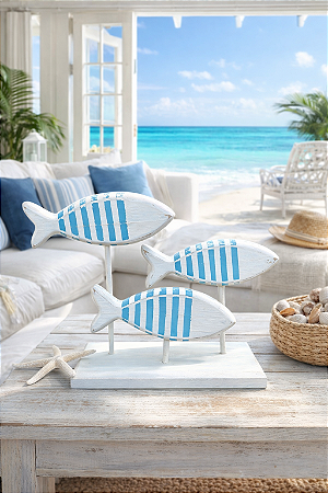 Enfeite Pedestal Peixe Rústico Branco e Azul em Madeira 24x17x9