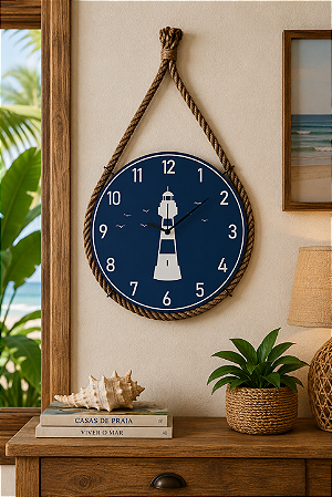 Relógio Náutico Azul Farol em Madeira com Corda