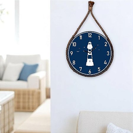 Relógio Náutico Azul Farol em Madeira com Corda