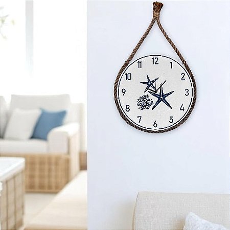 Relógio Náutico Branco Estrelas e Coral em Madeira com Corda