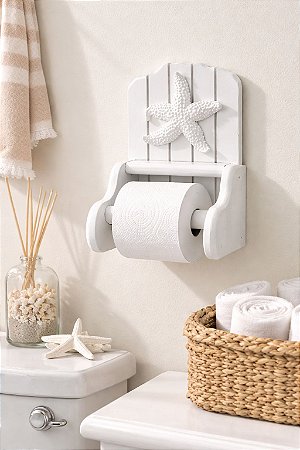 Porta Papel Higiênico Branco com Estrela Branca Decoração Náutica