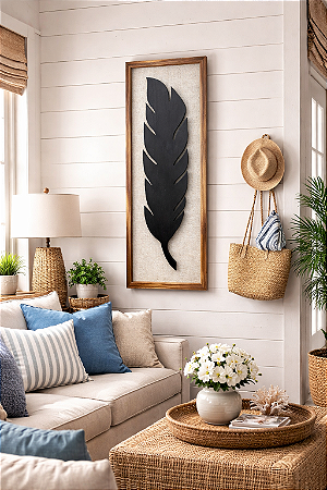 Quadro Folha Preto com Linho 100x35cm Decoração de parede