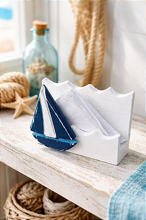 Porta Guardanapo Branco com Veleiro em Madeira