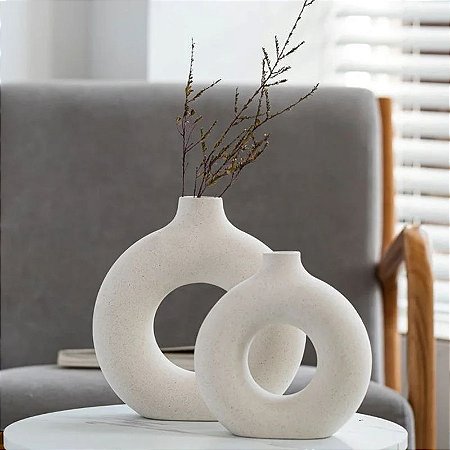 Conjunto Dois Vasos Decorativos Redondos Boho em Cerâmica Off-white
