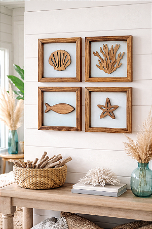 Kit 4 Quadros Marrom e Branco Decoração Náutica de Parede