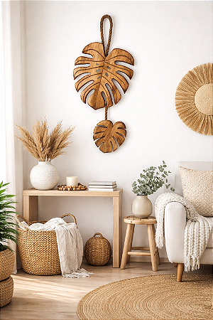 Decoração Folhas em Madeira Costela de Adão com Corda
