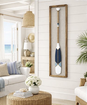 Quadro em Linho com Remo Branco, Azul Claro e Azul Marinho em Madeira 140x35