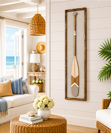 Quadro em Linho com Remo Bege, Marrom e Branco em Madeira 140x35