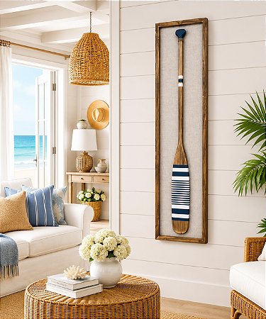 Quadro em Linho com Remo Azul Marinho e Branco Listrado em Madeira 140x35