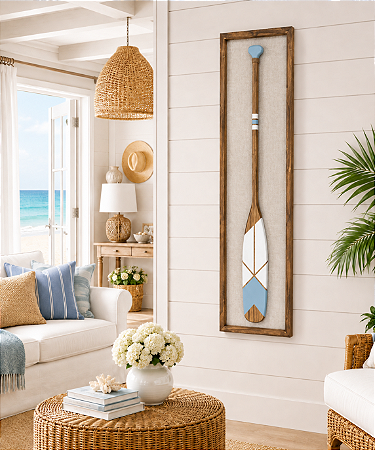 Quadro em Linho com Remo Azul Claro e Branco em Madeira 140x35