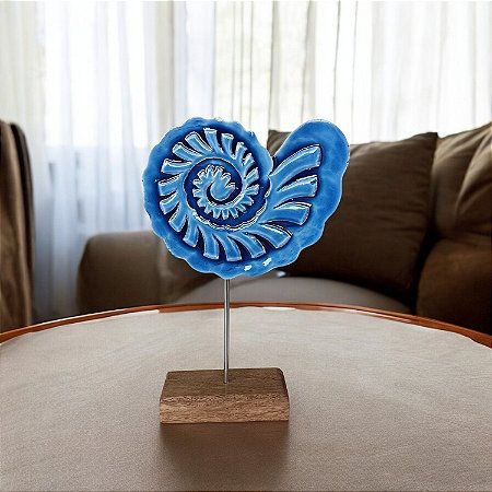 Enfeite Pedestal Concha Azul em Madeira - 28x18,5x6