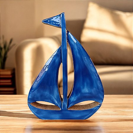 Enfeite Veleiro Azul em Madeira - 29,5x22,5x3,5
