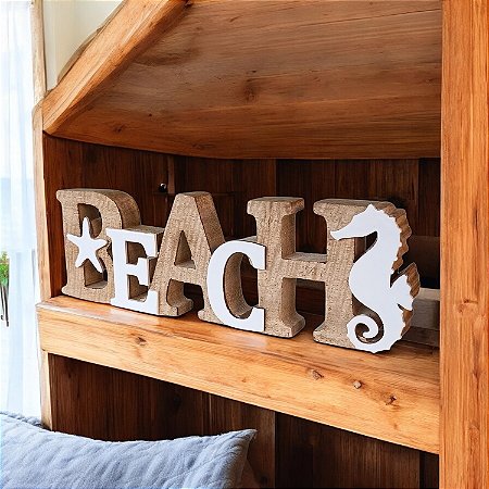 Enfeite Beach Marrom e Branco em Madeira - 34x12x3,5