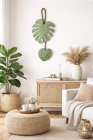 Decoração Folhas Verdes em Madeira Costela de Adão com Corda