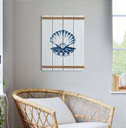 Quadro Decorativo Concha Pérola em Madeira Decoração Náutica Praia