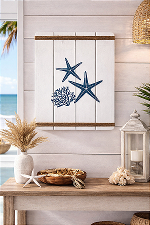 Quadro Decorativo Estrela e Coral em Madeira Decoração Náutica Praia