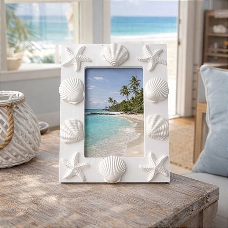Porta Retrato Náutico Conchas Branco para Fotos 10x15cm