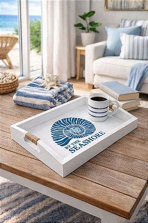 Bandeja Branca Concha Seashore em Madeira 35x25 cm Decoração Náutica Praia