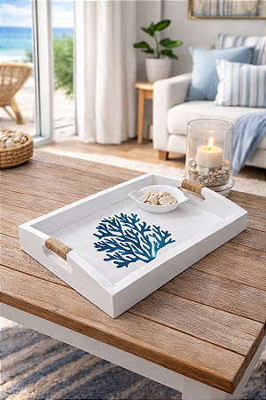 Bandeja Branca Coral em Madeira 35x25 cm Decoração Náutica Praia