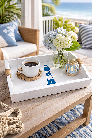 Bandeja Branca Farol em Madeira 35x25 cm Decoração Náutica Praia