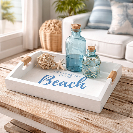 Bandeja Branca Life is Better em Madeira 35x25 cm Decoração Náutica Praia