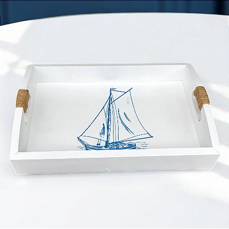Bandeja Branca Veleiro em Madeira 35x25 cm Decoração Náutica Praia