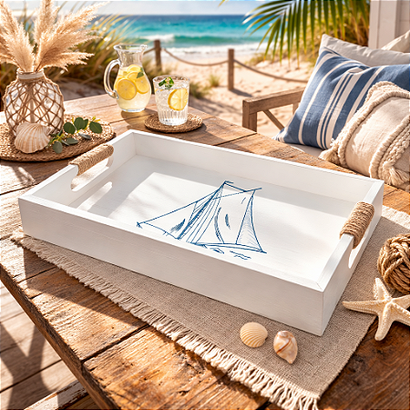 Bandeja Branca Veleiro em Madeira 35x25 cm Decoração Náutica Praia