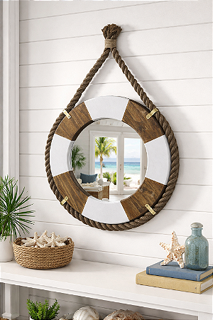 Espelho Bóia 72 cm em Madeira com Corda Decoração Náutica Praia