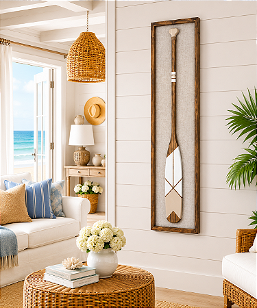 Quadro em Linho com Remo Bege e Branco em Madeira 140x35