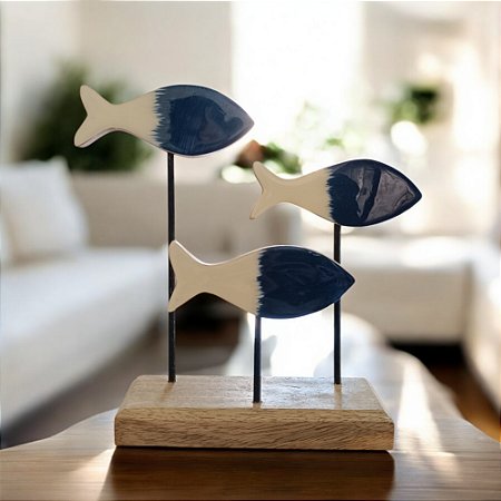 Pedestal Cardume Trio de Peixes Branco e Azul em Madeira 23,5x24x8