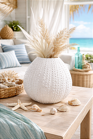 Vaso Decorativo Ouriço do Mar Grande Branco em Cerâmica 18,5x20,5x20,5