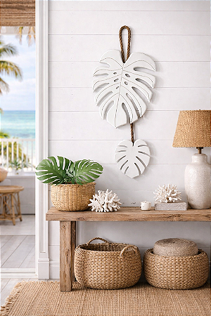 Decoração Folhas Brancas em Madeira Costela de Adão com Corda