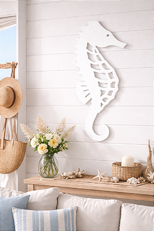 Enfeite Cavalo Marinho Náutico Branco 70x31x2