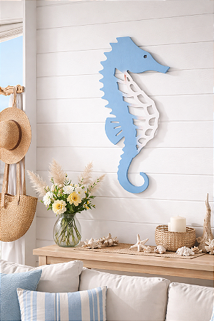 Enfeite Cavalo Marinho Náutico Azul e Branco 70x31x2 cm