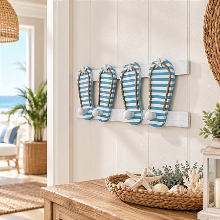 Porta Chaves Cabideiro Chinelinho Azul Claro 40 cm Decoração de Praia em madeira