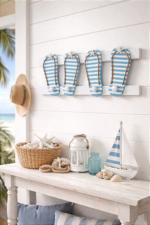 Porta Chaves Cabideiro Chinelinho Azul Claro 40 cm Decoração de Praia em madeira