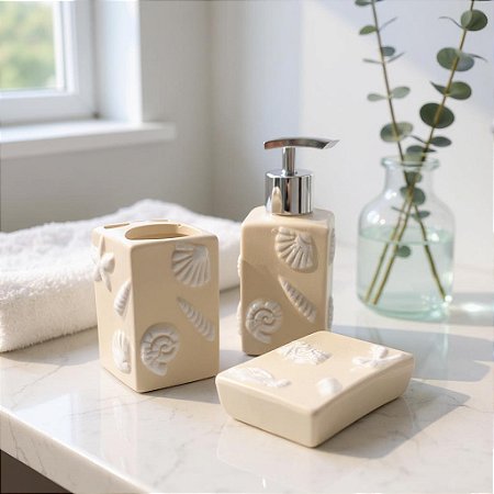 Kit de Banheiro 3 Peças Náutico Bege Conchas em Cerâmica