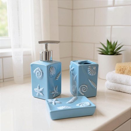 Kit de Banheiro 3 Peças Náutico Azul Conchas em Cerâmica