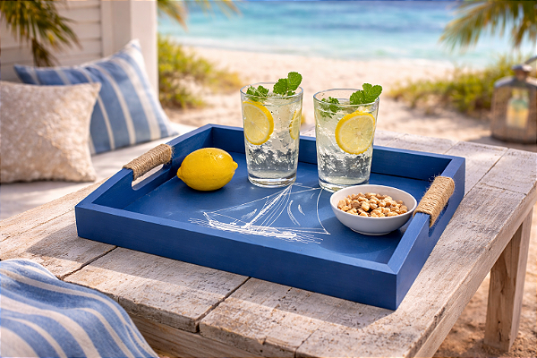 Bandeja Azul Veleiro em Madeira 35x25 cm Decoração Náutica Praia