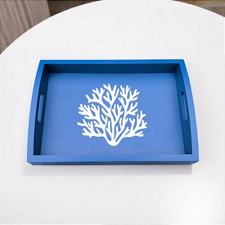 Bandeja Azul Coral em Madeira 35x25 cm Decoração Náutica Praia