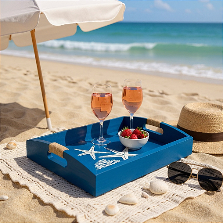 Bandeja Azul Estrelas e Coral em Madeira 35x25 cm Decoração Náutica Praia